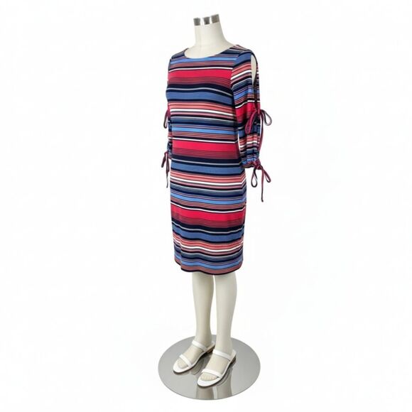 NWOT Cupio Colorful Striped Bodycon Cold Shoulder Dress w/ Tie Sleeves Sz M - Picture 5 of 13